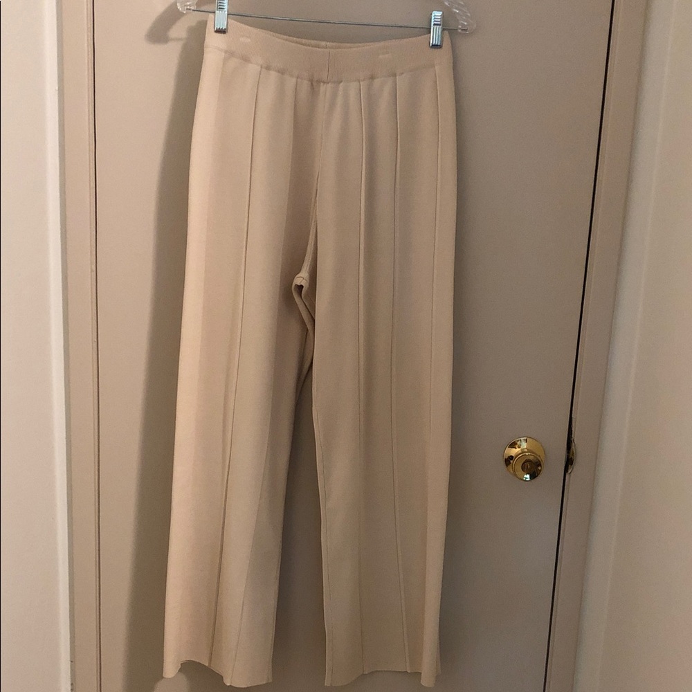 Beige Wide-Leg Knit Women's Pants